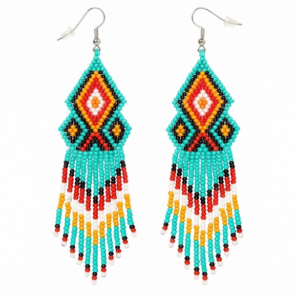 Boho Beaded Fringe Earrings – Turquoise Red Orange Southwest Diamond Pattern - Picture 3 of 4